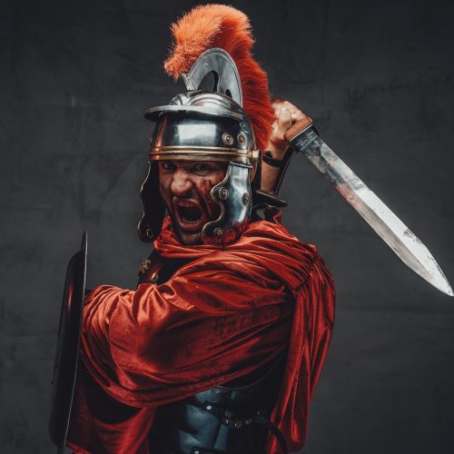 Attacking roman soldier screaming with sword and shield